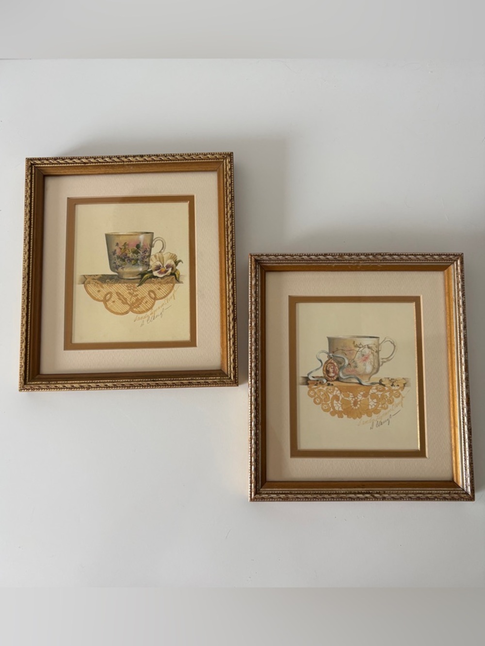 Artist Signed Sandy Clough Tea Cup Matted Framed Prints Vintage Cottage Grandma - Picture 2 of 15